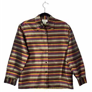 Vintage Ice 100% Silk Striped Blouse Sz 8 Boxy Fit Artsy Colorful Retro Top‎